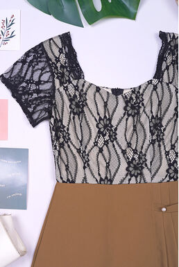 Lace Overlay Square Neck Top Side Pleated Skirt Playsuit (Black + Brown)